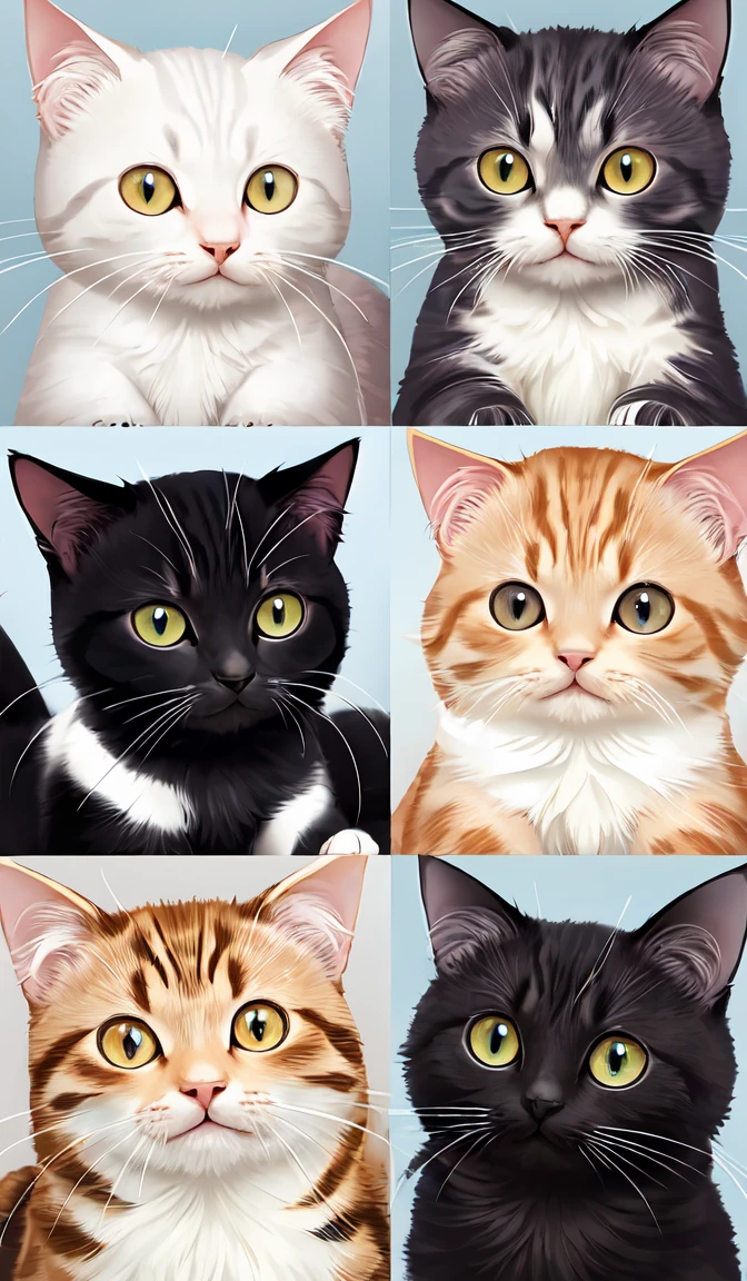 too many cute cats on the house, use your imagination, evenly mix cats and cat races in same proportions, world wide cats, don't forget to add some kitten, all faces of cats must be different, use all spectre of your different emotions from happiness to anger, do what you want and how you want, old cats and kitten don't forget them but keep variety balance,