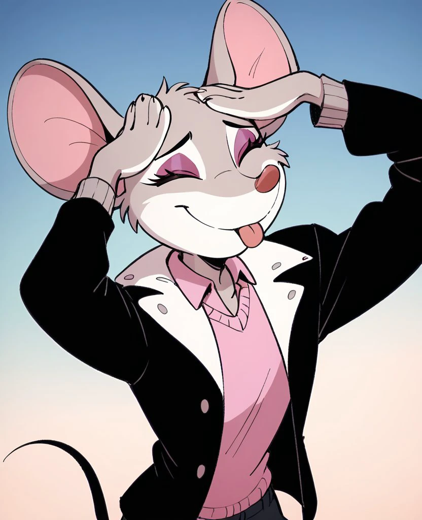 score_9, score_8_up, score_7_up, score_6_up, score_5_up,
thea_stilton, makeup, gray mouse tail,eyeshadow, mouse ears, body fur, grey fur, animal nose, shirt, pink shirt, black jacket, open jacket, collared shirt, 4 fingers, closed eyes, tongue out, hands on own head, smile, upper body,
<lora:Thea_Stilton_XL-000002:0.8>
<lora:eto:1>