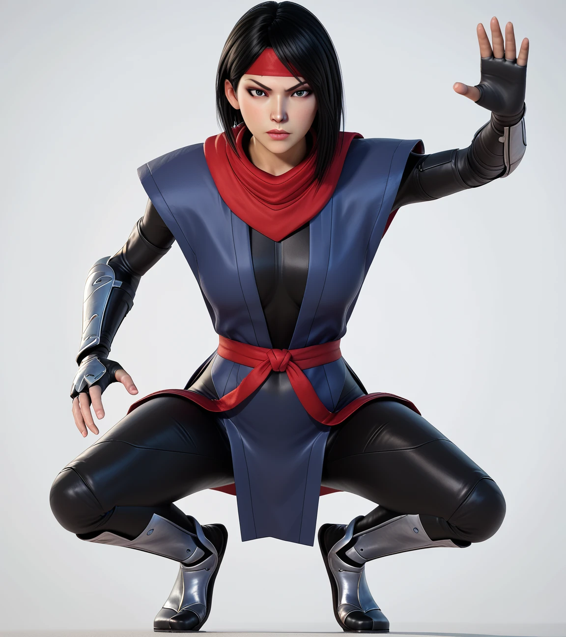 score_9, score_8_up, score_7_up, score_6_up, Karai, medium length hair, black gloves, full body, gauntlets, action pose, ninja uniform, belt, headband, jika-tabi boots, red headband, 3D, render, white background, simple background, on one knee, on the ground, <lora:Karai_Pony:1>