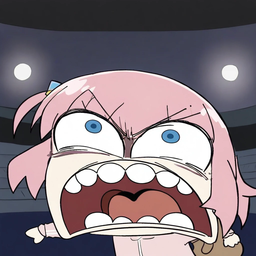 chibi, parody, open mouth, teeth,(masterpiece),(best quality),1/girl, gotoh_hitori, bocchi_the_rock!, masterpiece, best quality, very aesthetic, absurdres, standing, stadium, holding guitar, facing viewer, nervous expression, pink tracksuit, audience background, stage lights, night, 2.5D,