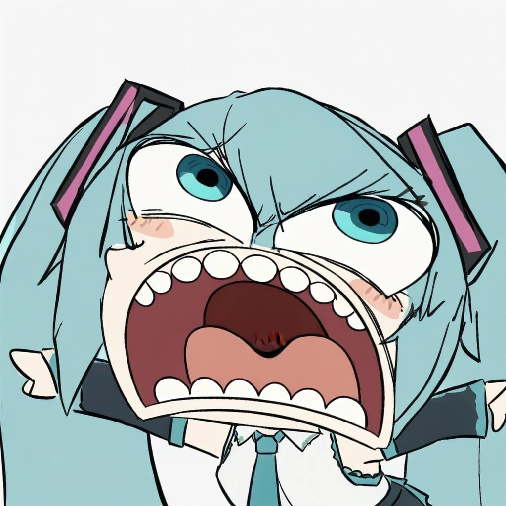 chibi, parody, open mouth, teeth,(masterpiece),(best quality),1girl, hatsune miku, twintails, necktie, solo, skirt, shirt, aqua hair, black skirt, aqua eyes, detached sleeves, long hair, sleeveless, white shirt, open mouth, white background, aqua necktie, black sleeves, sleeveless shirt, outstretched arms, very long hair, blush stickers, pleated skirt, hair ornament, miniskirt, bare shoulders, musical note