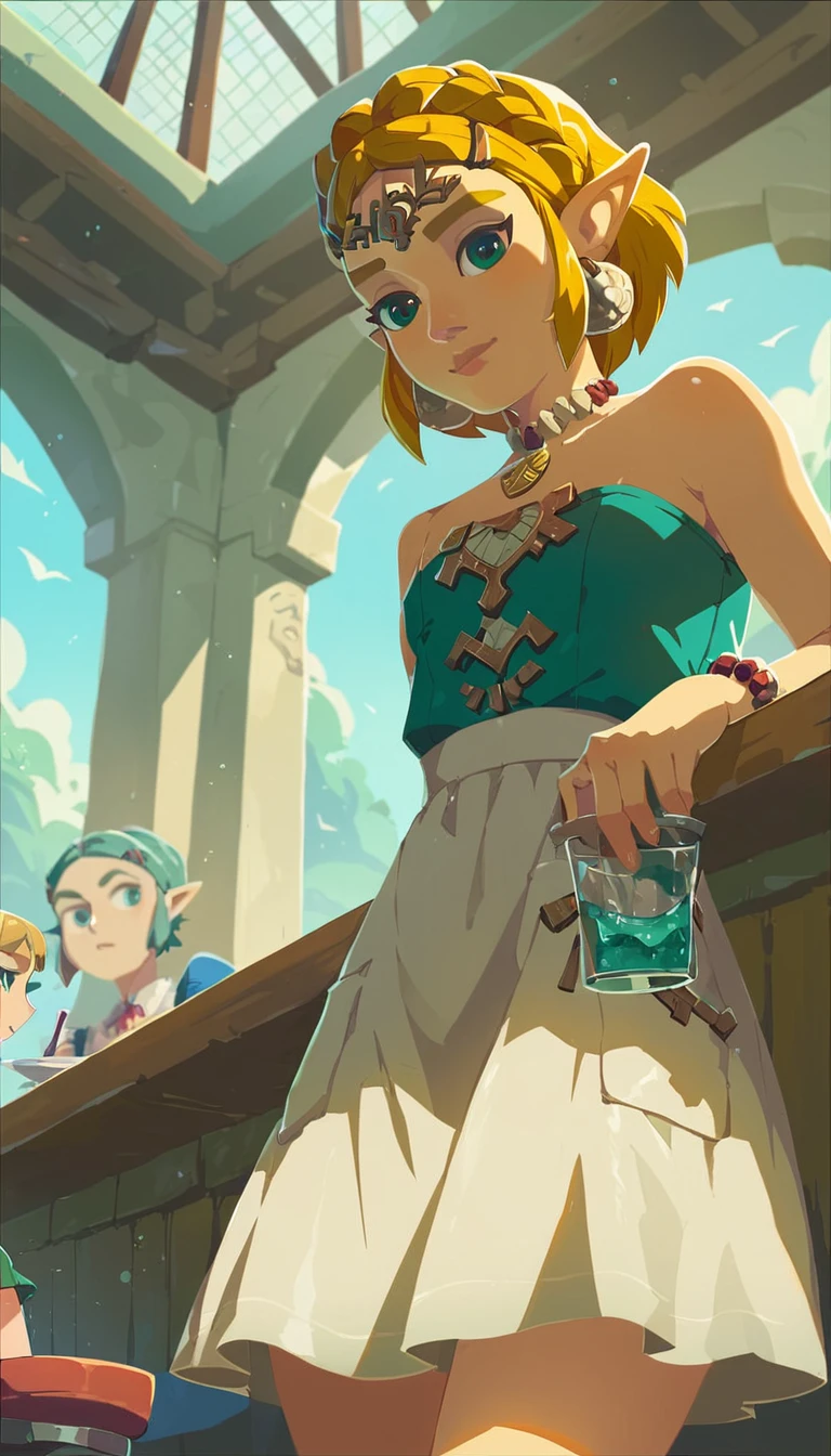 1girl like totkzelda,in zonai dress with bare shoulders, score_9, score_8_up, score_7_up, short hair,flat chest, <lora:pony_totkz-000040:0.75>, in bar as a waitress, view from below,