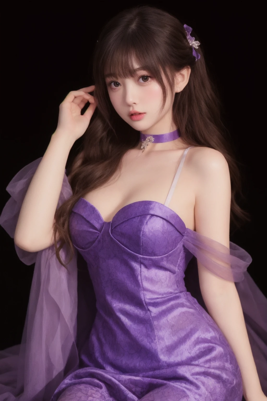 masterpiece, high quality,1girl, cowboy shot, pantyhose, purple evening gown,, choker,
<lora:ip-adapter-faceid-plusv2_sd15_lora:0.65>    <lora:zmf_v1-000007:0.5>