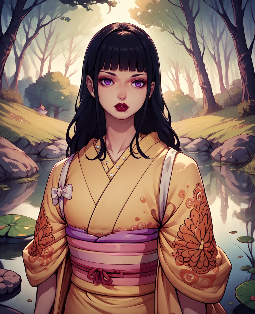 score_9,score_8_up,score_7_up,score_6_up,kikunojoxl,black hair,bangs,kimono,forest,long hair,lipstick,short sleeves,
evening,pond, purple eyes, 
<lora:kikunojoxl:1>,