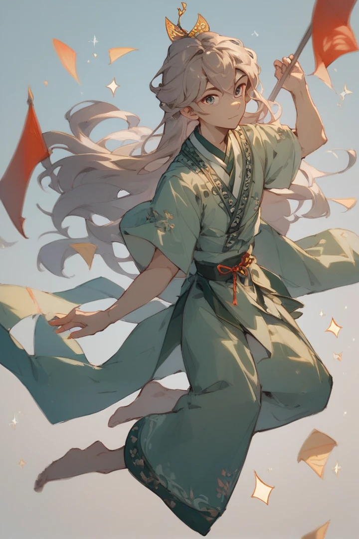 score_9, score_8_up, score_7_up, score_6_up, 1boy, solo, young boy, male focus, looking at viewer, smiles, full body, sparkles, ribbons in air, paper flags, cheerful atmosphere, colorfull background, <lora:ShenTafeiPony:1>, shentafei, long hair, green hanfu
