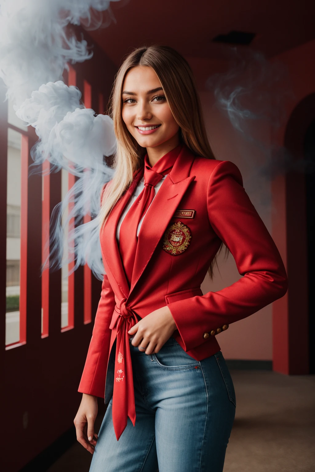 (CINEMATIC SHOT:1.4) College Girl TrualityCampus_Selli (tucked red Formal Shirt 1.3)(Red Blazer:1.4)(Necktie:1.5)(Jeans:1.4)((Photo Focus, DOF, Aperture, insanely detailed and intricate, character, hypermaximalist, elegant, ornate, beautiful, exotic, revealing, appealing, attractive, amative, hyper realistic, super detailed, heresy flares))(volumetric red smoke:1.3) (standing in front of a college entrance)(smile:1.4)