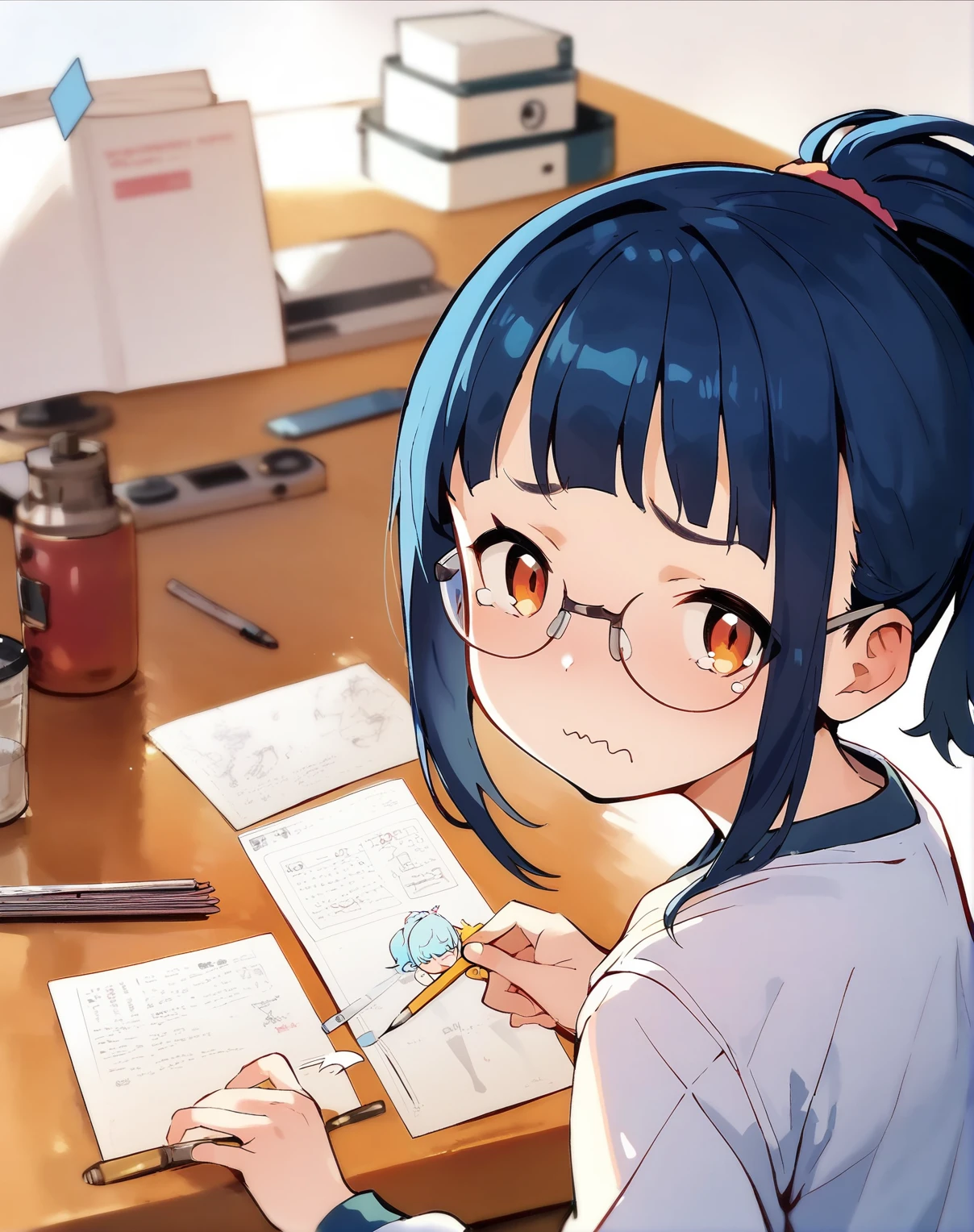 score_9, score_8_up, score_7_up, a girl stressed, homework, tearing up, ,<lora:ookami_uo_style_pony6_v3-000034:.9>, blue hair, ponytail, blunt bangs, glasses, from side, looking at viewer, wavy mouth,