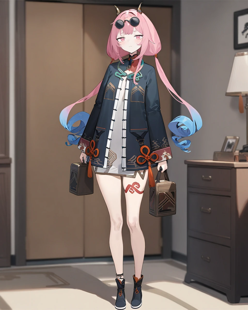 masterpiece,best quality,bedroom,full body,leg tattoo,tattoo,
<lora:jinlang_xl:0.9>,jinlang,1girl,solo,pink hair,eyewear on head,blue hair,pink eyes,multicolored hair,sunglasses,looking at viewer,horns,gradient hair,twintails,long sleeves,sad,long hair,dress,holding,holding bag,standing,bangs,black footwear,