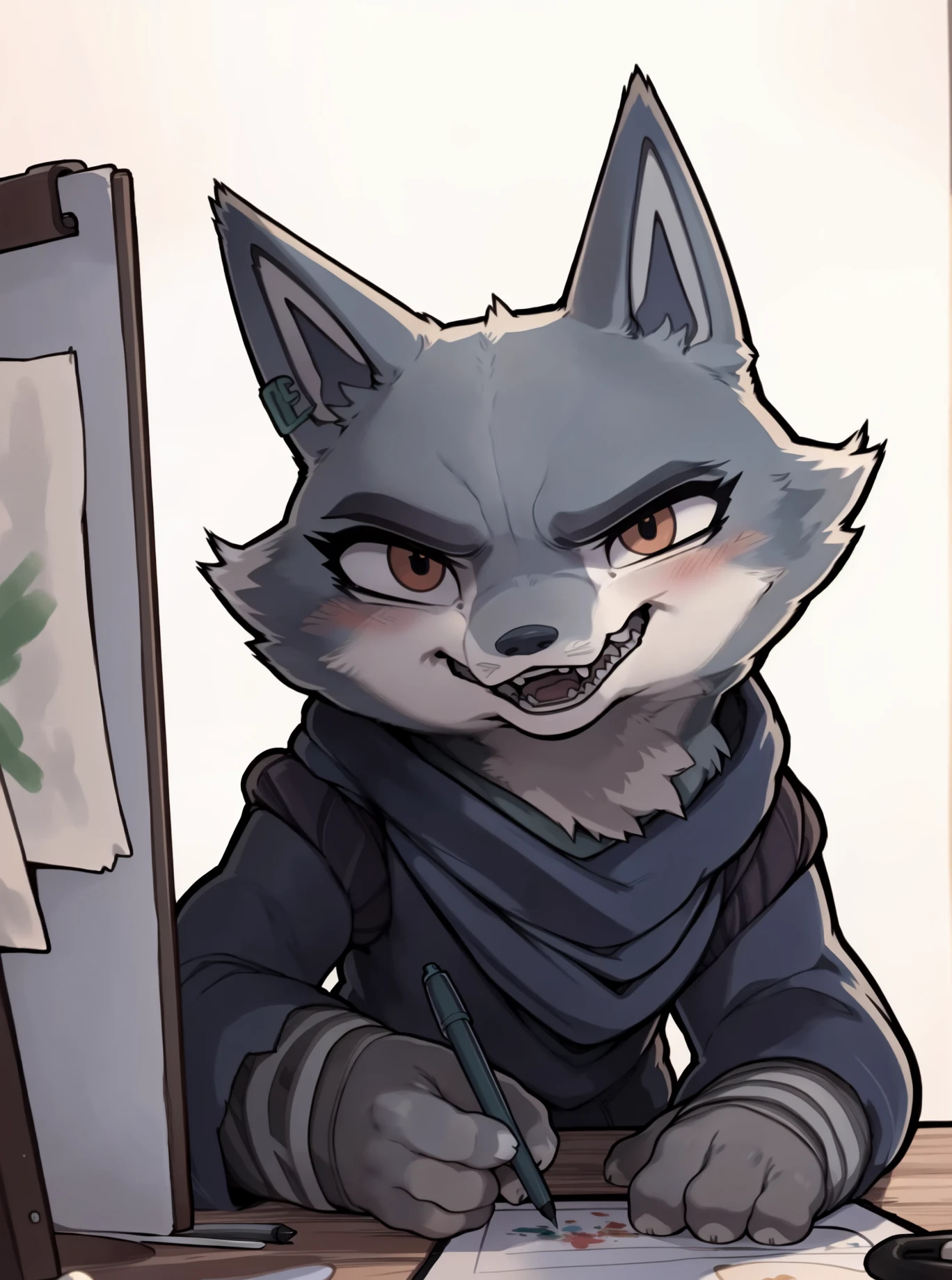 ( (flat colors, ((shading,))), masterpiece, highres, by Cumbread, by Haps, by Claweddrip, by Buta99), solo female (legoshi (beastars)), short hair,diagonal_bangs,orange eyes,slit pupils,big_eyes,long eyelashes,mole under eye,white fur,red dress, pokies,blush,evil grin,open mouth,looking at viewer,white background,gaming chair,hand on table,(holding a pen:1.2),(Painting_(Action):1.2),(drawing board:1.2), high quality, best quality, uhd, detailed image, blush, <lora:zhan:1>