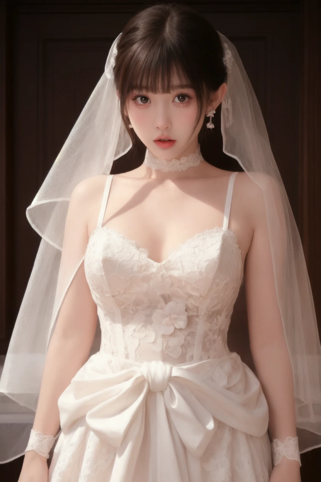 masterpiece, high quality,1girl, upper body, wedding dress, bridal veil, lace trim, choker,earrings, lace trim, ornate clothes, skirt hold, blush, standing, knees,garter straps,parted lips, narrow waist,
<lora:ip-adapter-faceid-plusv2_sd15_lora:0.65> <lora:zmf_v1-000007:0.5>