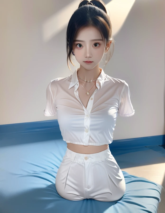 (limbless:1.1), (full body:1.1), (indoors, blank background:1.5),
(8k, best quality, masterpiece:1.2), (realistic, photo-realistic:1.37), (bokeh:1.2),ultra high res, professional lighting, physically-based rendering,
one girl, 1girl, solo, cute girl, limbless girl, (thin:1.4), (beautiful face, beautiful eyes, perfect female figure),
wearing light cyan button-down shirt with short sleeves, wearing white cropped wide-leg pants with pleated front, (see-through:0.75), wearing necklace with dainty pendant, mouth closed, shy, (short torso:1.3),
(medium breasts:1.3),
medium hair,
<lora:limblessv55-34:0.7>