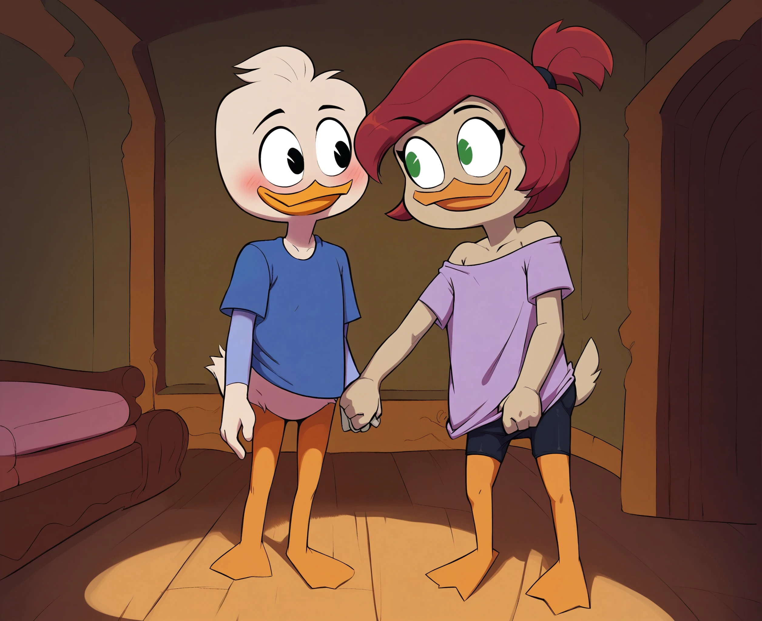 (by Drockdraw:1.2) (by chelodoy:1) (by ashraeli:1) Webby Vanderquack, White skin, White hair, orange legs:1.2, beak, DuckTales, tail shield, webbed feet, short hair, sexy, pink bow, horny, smile, Mouth open, naked, flat torso, webbed feet, black eyes, full length portrait, Eyeliner, smile, white body, young, shy, bed room, morning, the lights of a sun, lying in bed, wet body, cum on body, cum on hair, pussy, ass, 2boys, furry cats, spit roast threesome, heart eyes, fucked by 2 large cock, arched back, standing doggystyle, blowjob, Deepthroat