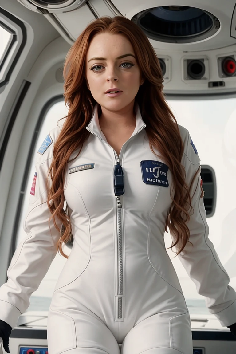 <lora:lindsaylohan-06:0.6>,,lindsaylohan,  , photo of a woman,  , unbuttoned white space suit, inside spaceship, attractive, looking at viewer, hyperdetailed, closeup