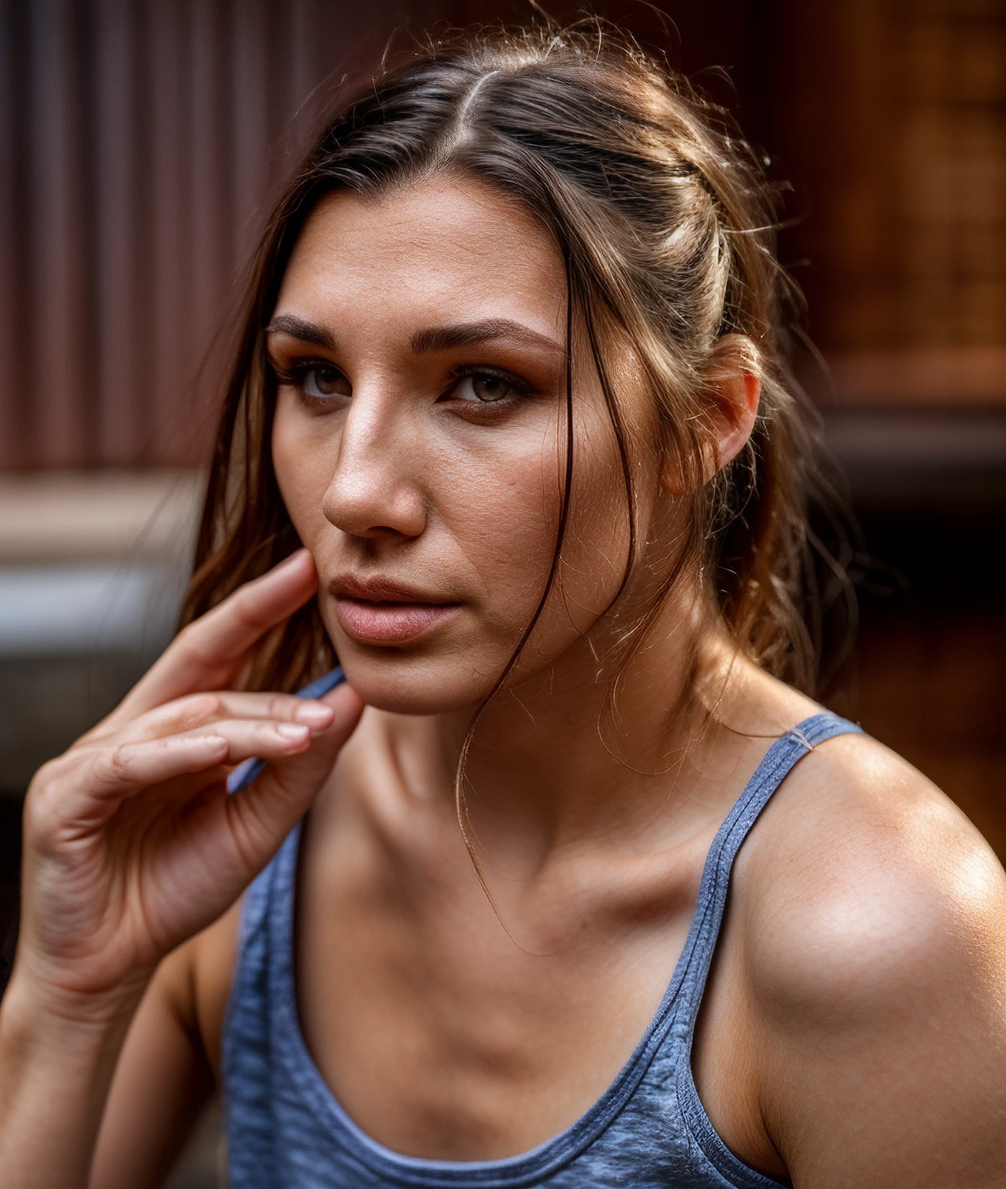 woulfeee, portrait, face, parted lips, jewelry, <skinhairdetail>, bokeh background, makeup, tanktop shirt, pores, photo, ultra-HD, 60mm, photographic, realistic