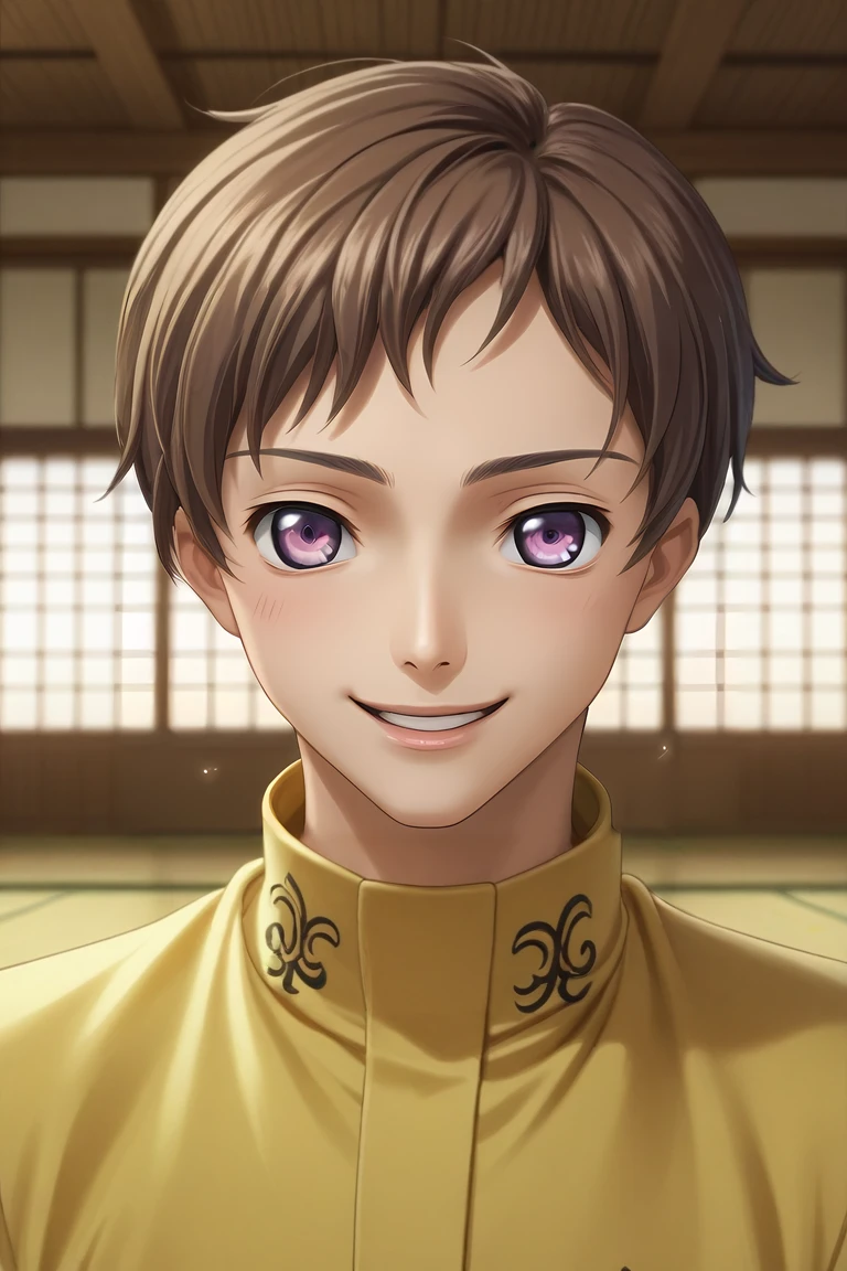 score_9, score_8_up, score_7_up, source_anime, rating_safe, , (photorealistic:0.6), , depth of field, 1boy, solo, male focus, <lora:rolo_lamperouge_pony:0.78>, rolo_lamperouge, brown hair, purple eyes, short hair, rule of thirds, dojo, noon, singing, naughty smile, , <lora:sdxl_lightning_8step_lora:1>