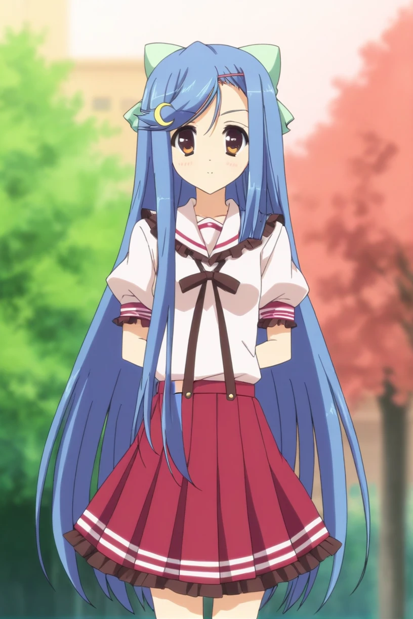 best quality,masterpiece,looking at viewer,absurdres,1girl,depth of field,score_9,score_8_up,score_7_up,source_anime BREAK <lora:007-æ¶åæç©ºçæ¡¥-è¤å éé³XLV1:0.8>,toudou kasane,blue hair,long hair,hair ornament,hairclip,bow,crescent,hair bow,crescent hair ornament,very long hair,brown eyes,ribbon,school uniform,skirt,