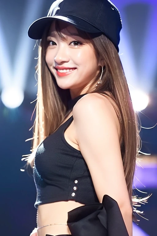 1girl, soro, (full body:1.2), shiny skin, super detailed skin, detailed beautiful face and eyes, spotlight, professional lighting, bangs, sexy, make up, hat, big smile, brown long hair, beautiful hair, (red, tank-top, heart), stage, brown eyes, kooo123, <lora:EXID_haOO_v1:0.8>