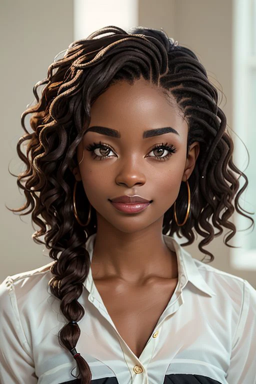 (masterpiece), best quality, expressive eyes, perfect face, highest quality, (masterpiece), best quality, expressive very dark brown skin, A character turnaround of a 29-year-old Black American woman, mental health professional, brown eyes, yandere, Sisterlocks hairstyle, cute pose with full body visible, charturnerv2