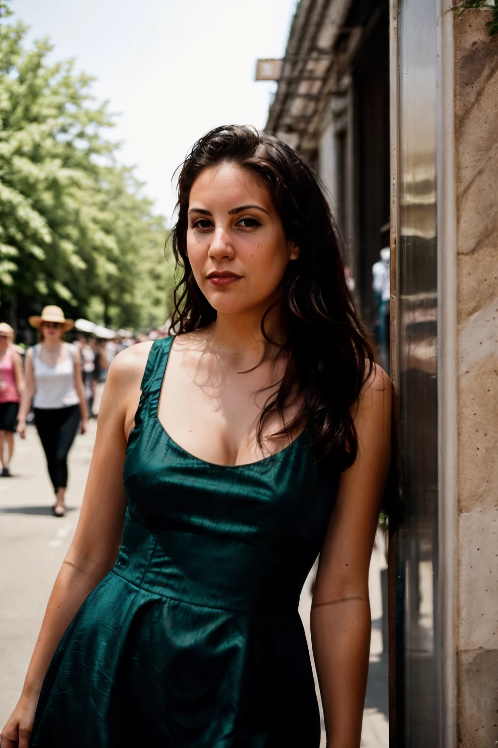 <lora:GabriellaHall:0.8>, full color portrait of a young woman, wearing a summer dress, in a crowded street, natural light, RAW photo, subject, 8k uhd, dslr, soft lighting, high quality, film grain, Nikon D850