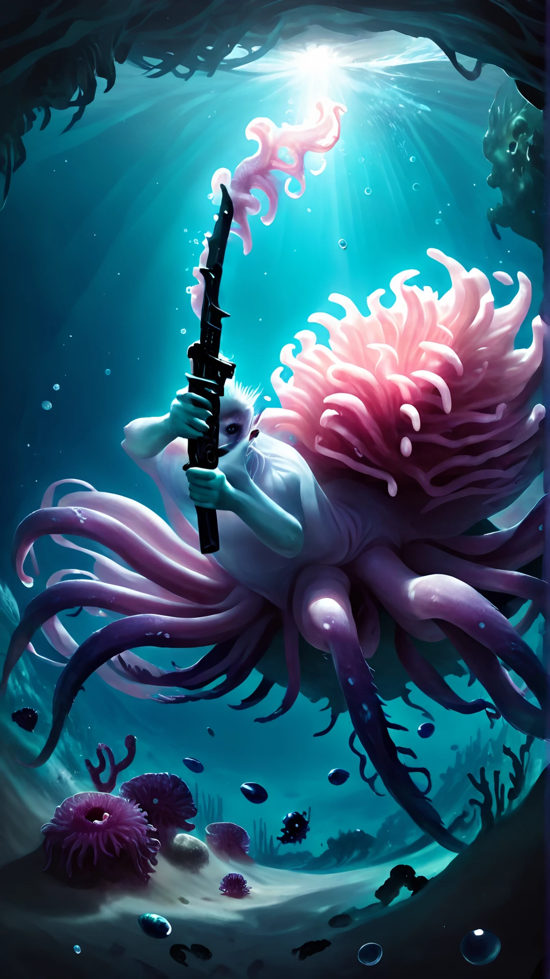 <lora:4r4chn1dXL:1.0>4r4chn1d, digital art, arachnid character, Sea anemone inspired, holding a weapon, in parallel universe