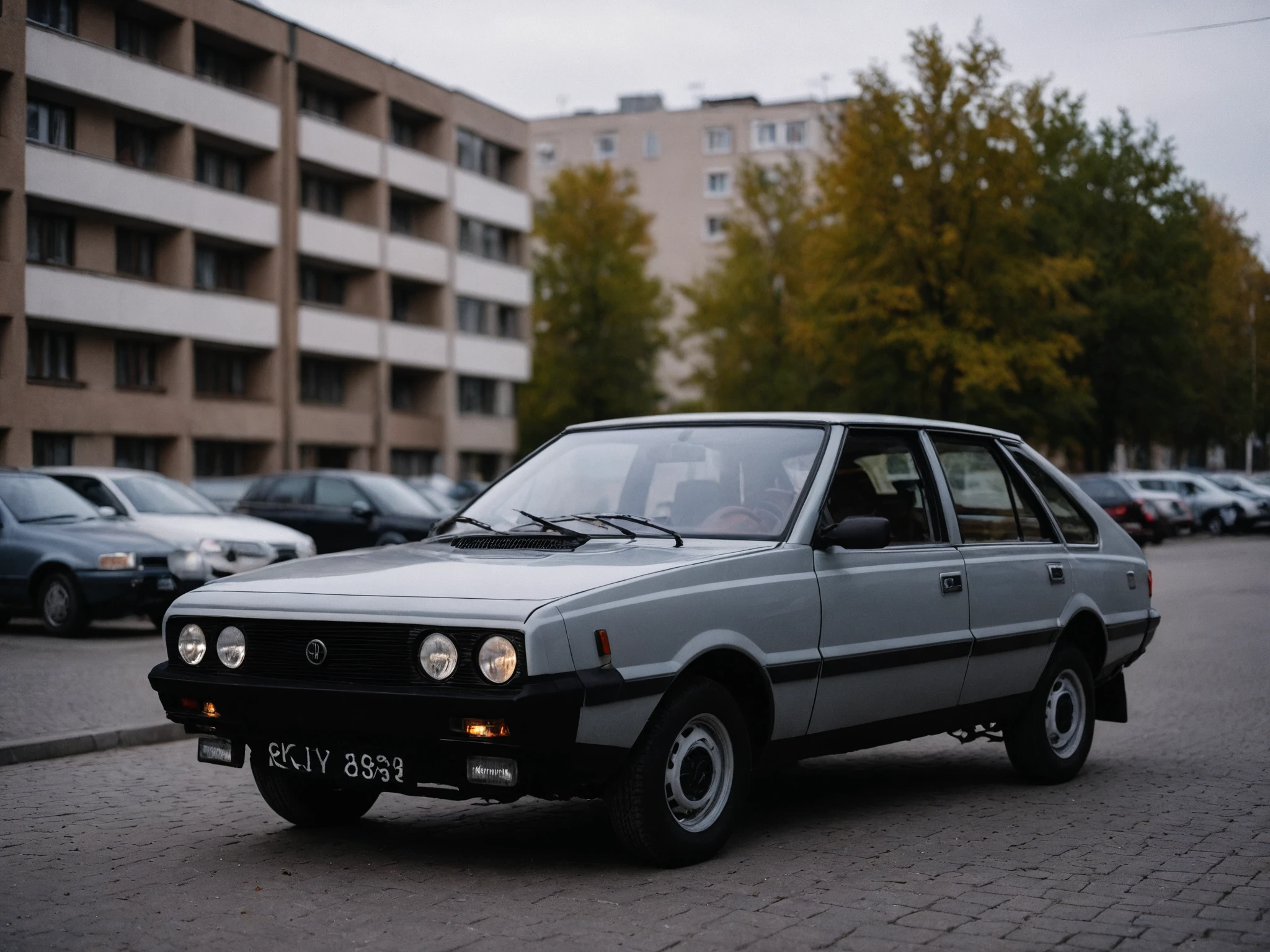 cinematic film still cinematic photo side view of 80s polish hatchback car, parked in a parking lot in the center of a modern city during a slightly cloudy day,  epic still shoot <lora:add-detail-xl:1>  <lora:80s polish hatchback car:1> . 35mm photograph, film, bokeh, professional, 4k, highly detailed . shallow depth of field, vignette, highly detailed, high budget Hollywood movie, bokeh, cinemascope, moody, epic, gorgeous, film grain, grainy