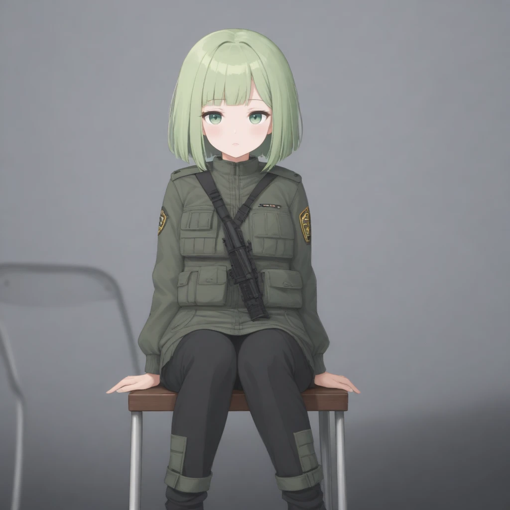 1girl, solo, bomber jacket, chair, seated, military uniform, holding rifle, AK-47, light green hair, green eyes, bob cut, blunt bangs, flak jacket, subtitles that say "That's what V2 is for."