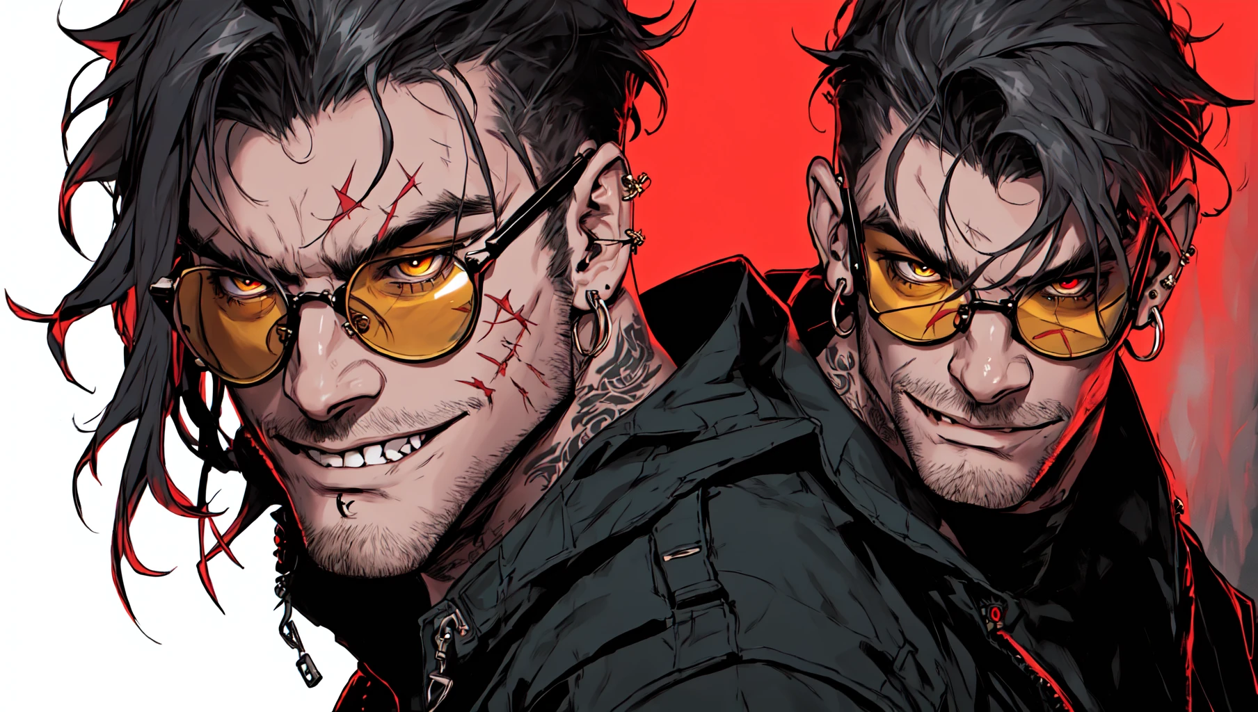 masterpiece, best quality, 1boy, bespectacled, black hair, bracelet, cbxzz, facial hair, fingernails, glasses, goggles, grin, jacket, jewelry, looking at viewer, male focus, mole, piercing, red eyes, scar, simple background, tattoo, yellow eyes <lora:Ceberus_OC_Lora_for_SD_1.5:0.8>