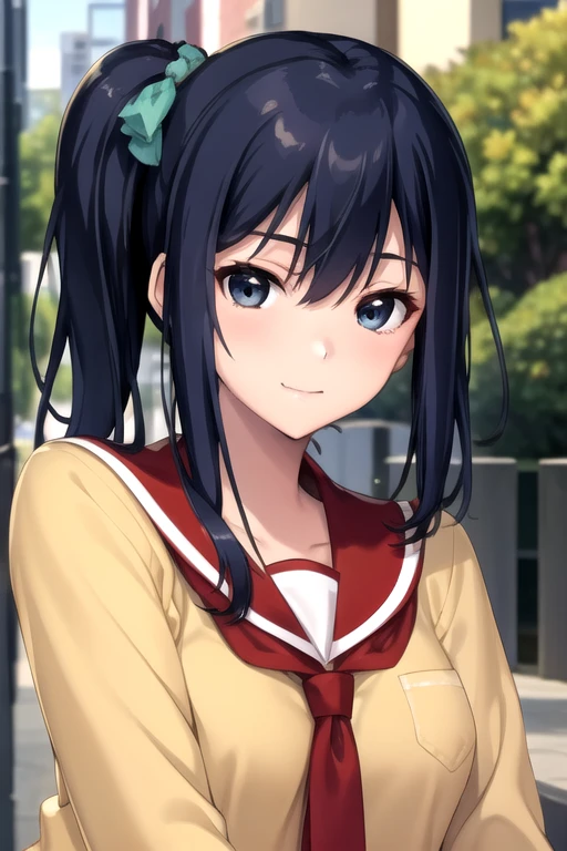 ((masterpiece)),(best quality),official art,extremely delicate and beautiful,extremely detailed CG,unity 8k wallpaper,ultra detailed,beautiful detailed eyes,extremely detailed face,outdoors,1girl,solo,upper body,(portrait:1.5),looking at viewer,facing viewer,smile,Takasaki Miho,long hair,blue hair,side ponytail,hair ribbon,hair bow,aqua bow,sidelocks,hair between eyes,bangs,blue eyes,school uniform,red sailor collar,yellow shirt,red necktie,long sleeves,medium breasts,red skirt,plaid skirt,pleated skirt,zettai ryouiki,black thighhighs,loafers,black footwear,<lora:Takasaki Miho(oin)-Remake>,
