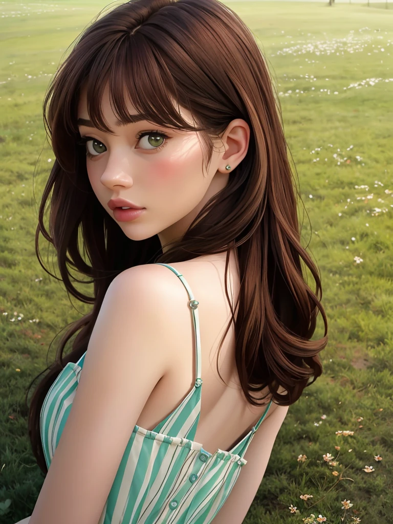 Realistic photo of a beautiful l1llyr43 woman,1girl, solo, long hair, looking at viewer, brown hair, upper body, sleeveless, lips, grass, realistic, professional Photography, Photorealistic, detailed, RAW, analog, sharp focus, high quality, film grain, masterpiece<lora:l1llyr43:1.0>