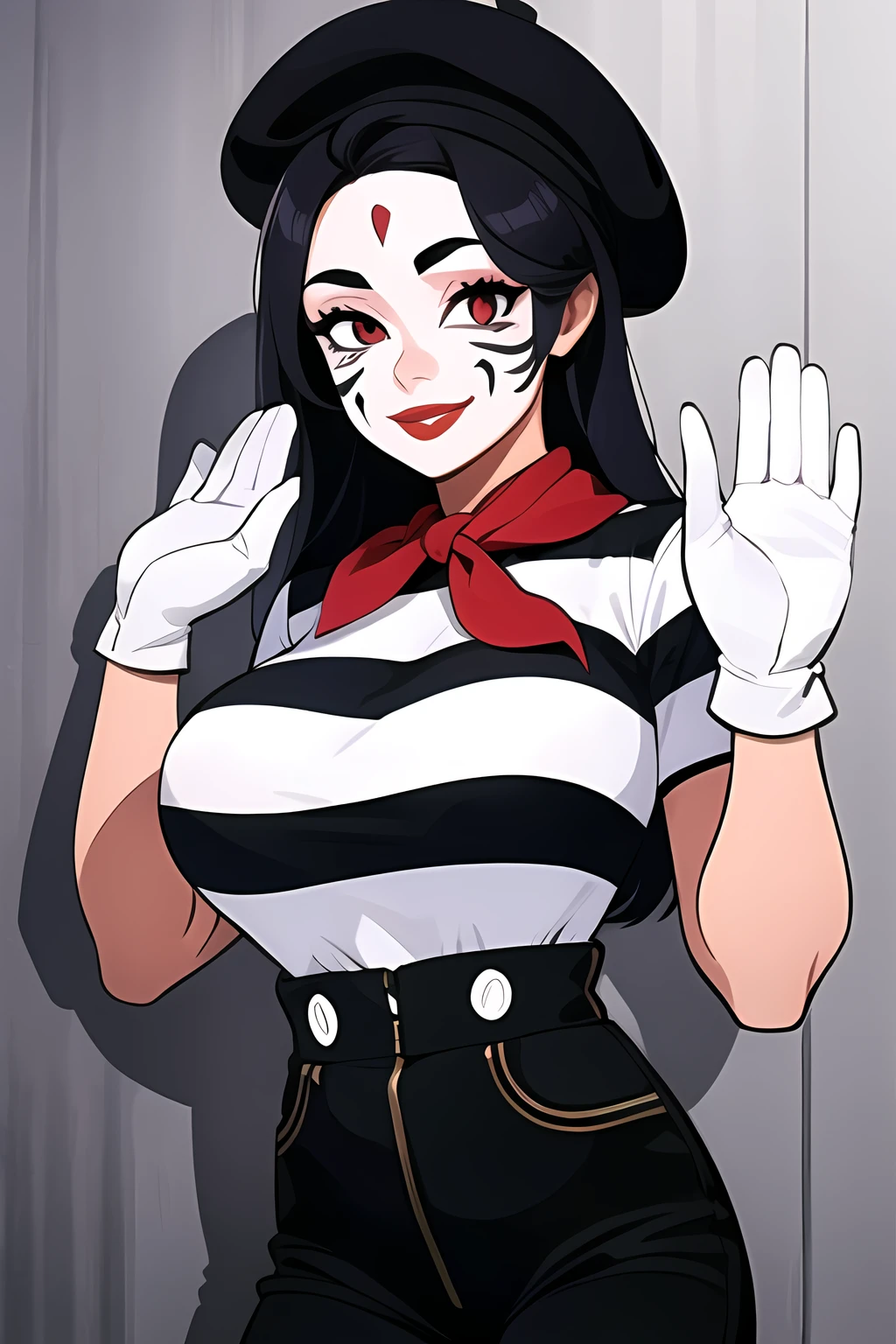 <lora:SC-Mime_Lora:0.8>, m1m3, 1girl, (neckerchief:0.6), stripped shirt, massive breasts, (suspenders:0.6), hands up, smile, beret, gloves, night, streets, high-waisted pants, (painted face:0.8, black and white, red lipstick), cowboy shot, (best quality), (ultra-detailed), (best illustration)