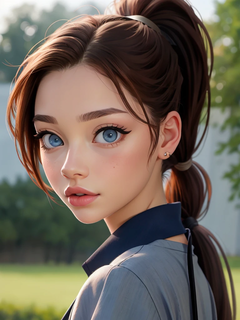 Realistic photo of a beautiful l1llyr43 woman,1girl, solo, long hair, blue eyes, brown hair, ponytail, blurry, lips, grey eyes, eyelashes, blurry background, portrait, realistic, nose, professional Photography, Photorealistic, detailed, RAW, analog, sharp focus, high quality, film grain, masterpiece<lora:l1llyr43:1.0>