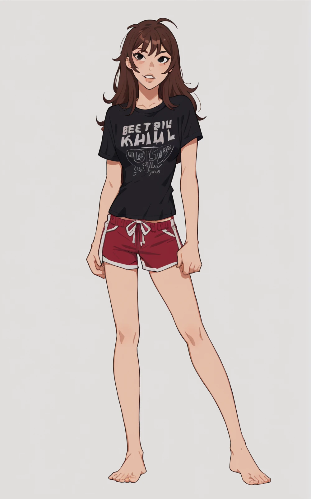 score_9, score_8_up, score_7_up,((best quality)), absurdres,((full body)), <lora:3d-2d:0.8>, <lora:KaraHitsuPXL:0.8>,KaraHitsuPXL,brown hair, long hair, bangs,black eyes, buck teeth,teeth,parted lips,shorts, shirt, t-shirt, red shorts, print shirt, black shirt, shirt writing,solo, white background,barefoot,slim,standing