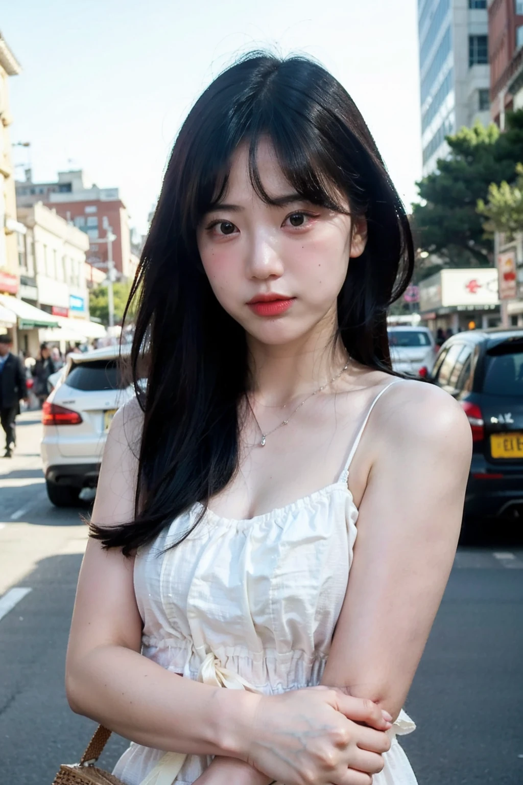 Best quality, masterpiece, ultra high res, (photorealistic), raw photo,1girl, skinny, upper body,solo, realistic, looking at viewer, long hair, bokeh background, city streets,brown eyes, bohemian dress, <lora:makina69_kimeunbyul_v1.0:1>
