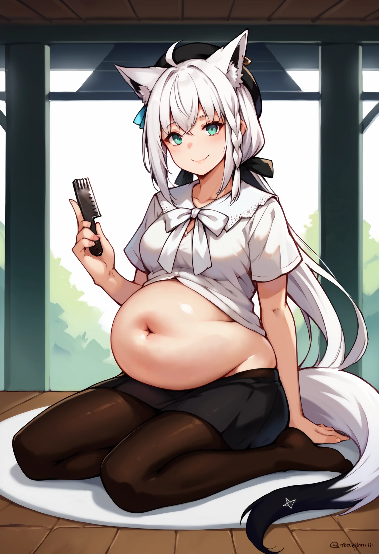 (Full body), An image of a pregnant girl with her belly on full display, she's giving a handjob