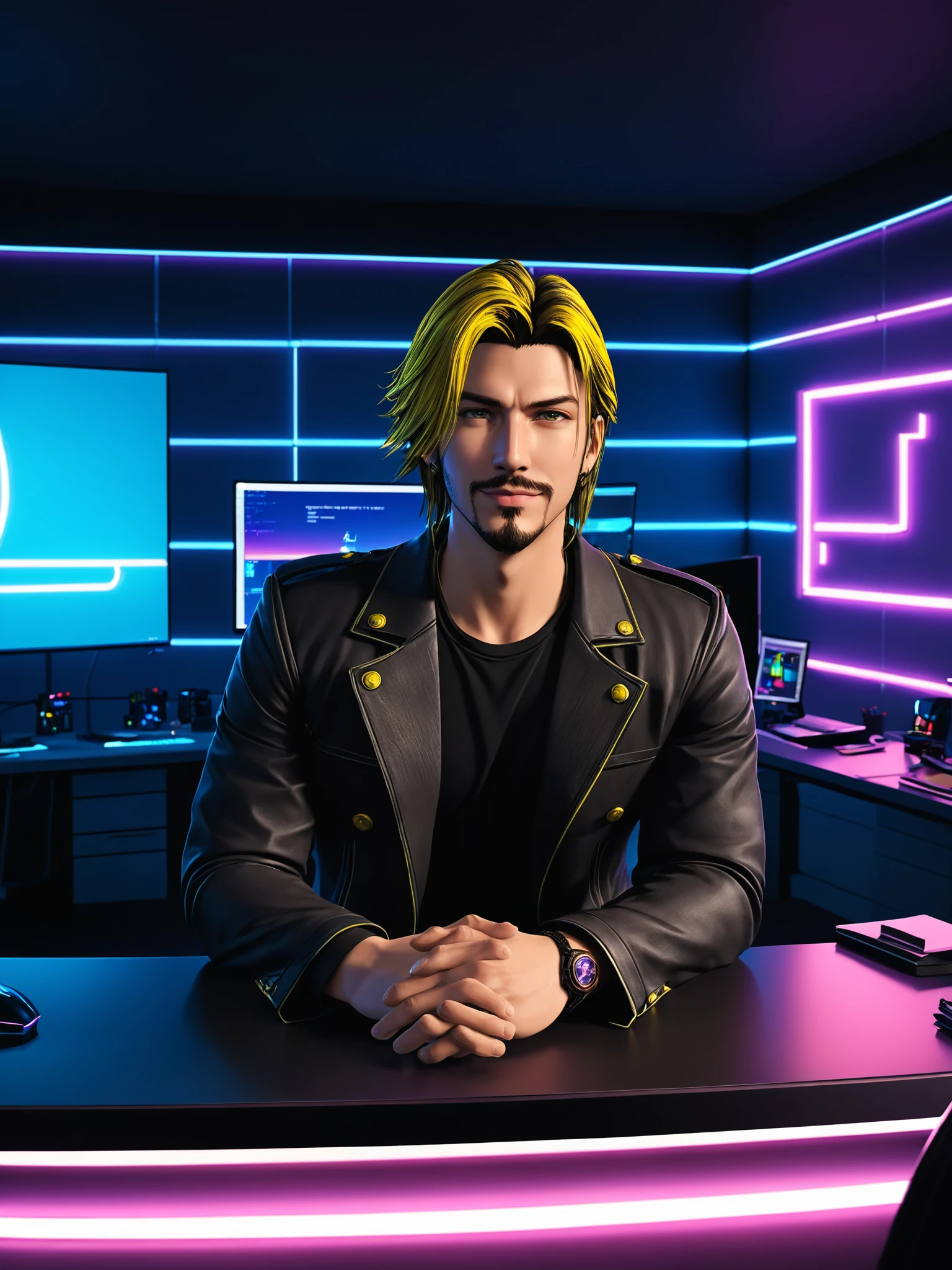 Nordic man sitting inside a retro style bar with undercut haircut and yellow leather jacket with red, cabelo, Portrait of a Bloody Hunter , Badass anime 8k