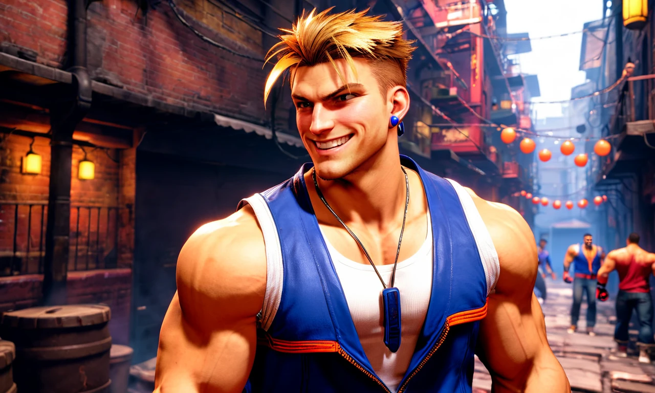 man in an alley punching, blue vest, gloves, undercut, scars, smile, luke,  best quality, looking at viewer,  <lora:sf6sdxl:1>, sf6sdxl,  game cg, street fighter, vibrant colors