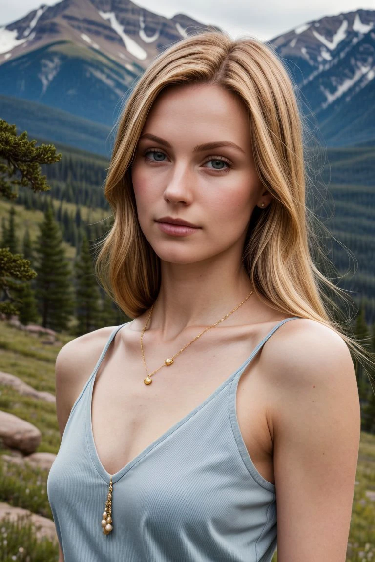 European woman, closeup, (shirt), pants, (rocky mountain national park), gold necklace , ZM_kim, wide shoulders, perfect face, (contact iris: 1.1), pale skin, skin pores , depth of field