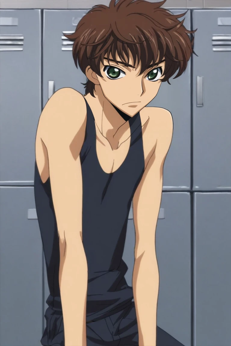 score_9, score_8_up, score_7_up, source_anime, rating_safe, intricate details, , looking at viewer, , 1boy, solo, male focus, <lora:suzaku_kururugi_pony:0.98>, suzaku_kururugi, brown hair, green eyes, asymmetrical, locker room, day, sunny, slouching, nervous, , <lora:sdxl_lightning_8step_lora:1>