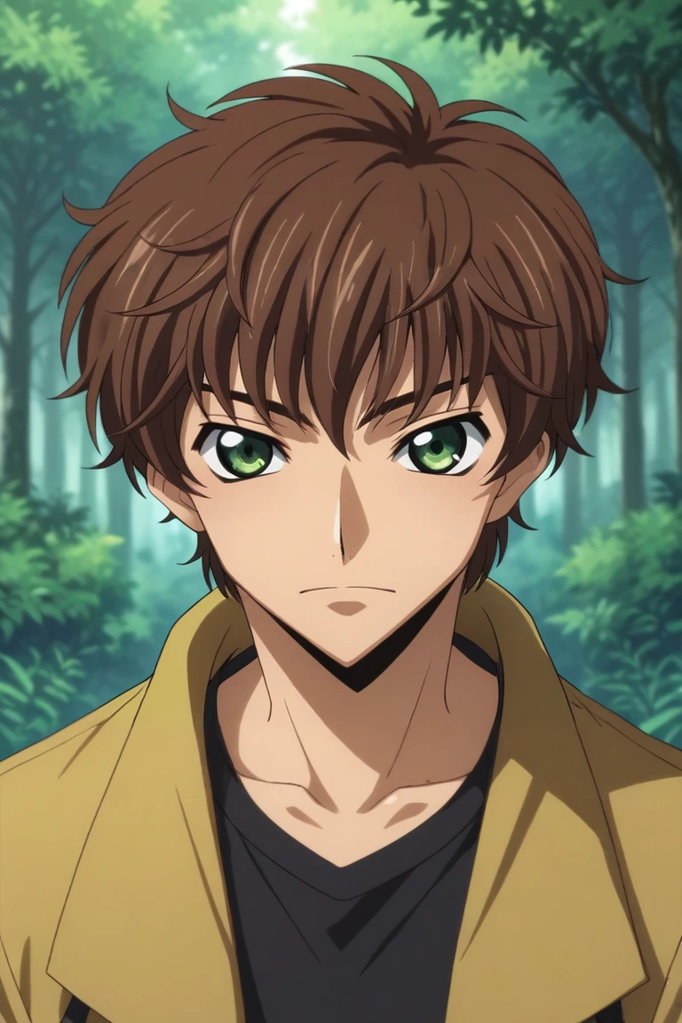 score_9, score_8_up, score_7_up, source_anime, rating_safe, , , looking at viewer, depth of field, 1boy, solo, male focus, <lora:suzaku_kururugi_pony:0.86>, suzaku_kururugi, brown hair, green eyes, symmetry, forest, light, legs up, :\3, , <lora:sdxl_lightning_8step_lora:1>