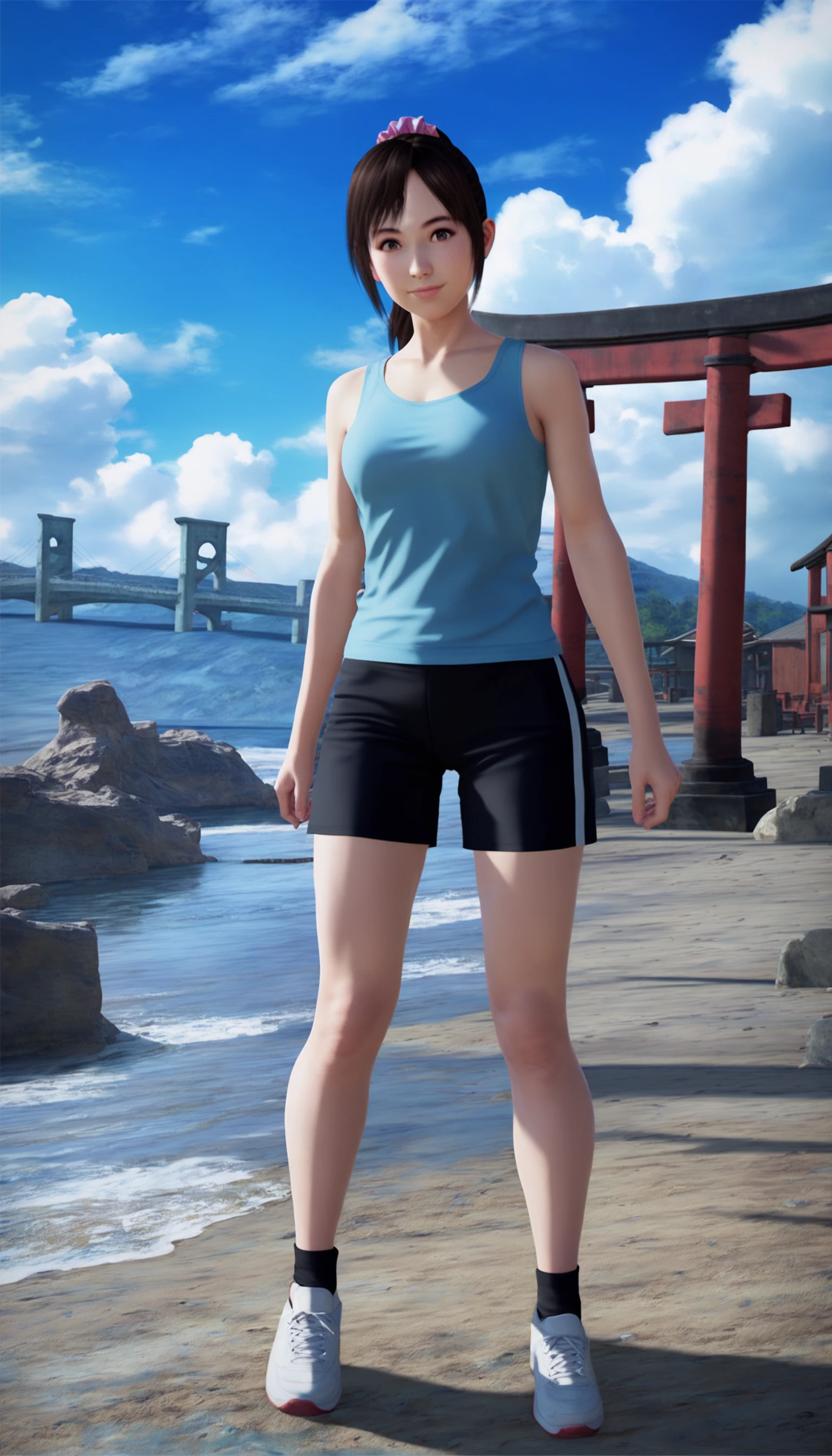 score_9,score_8_up,score_7_up,
<lora:miiyamotoHikari1512:0.8>,miiyamotohikari,1girl,solo,
black hair,ponytail,bangs,scrunchie,pink scrunchie,brown eyes,
tank top,cyan tank top,short sleeves,black shorts,(white sports shoes:1.1),
looking at viewer,smile,
outdoors,sky,seaside,cloud,stone pavement,large bridge,distant mountains,clear blue sky,soft clouds drifting,summer,japanes house,torii,
vignetting,blurry background,
medium breasts,best hips,skindentation,
standing,full body,dynamic pose,