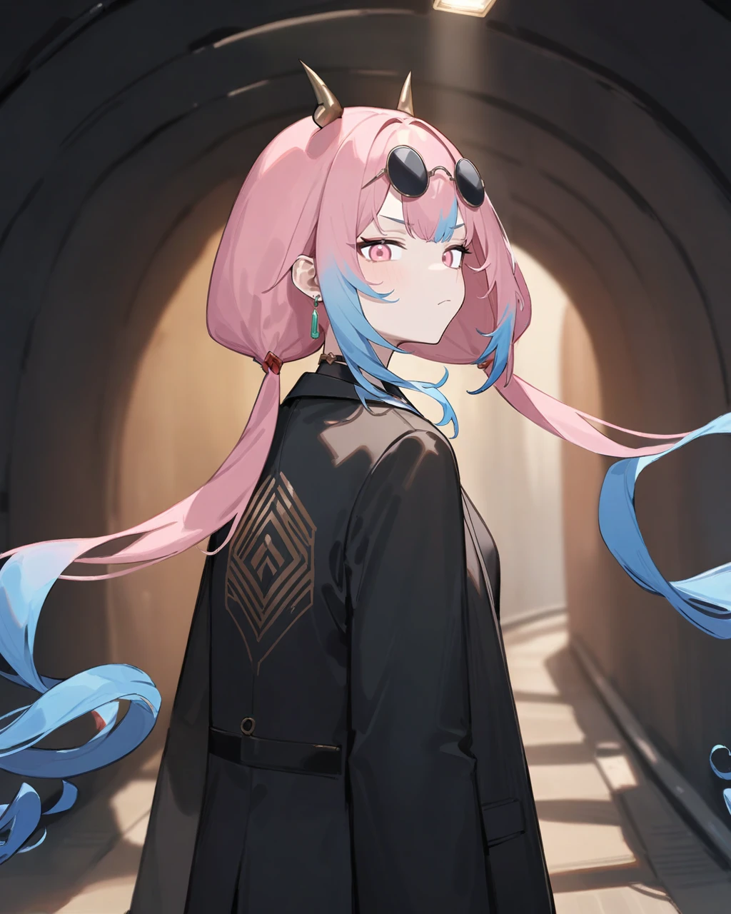 masterpiece,best quality,tunnel,suit,(black suit:1.2),looking_back,looking at viewer,serious,cool,
<lora:jinlang_xl:0.9>,jinglang,1girl,solo,eyewear,sunglasses,horns,pink hair,pink eyes,multicolored hair,blue hair,twintails,long hair,jewelry,gradient hair,round eyewear,earrings,