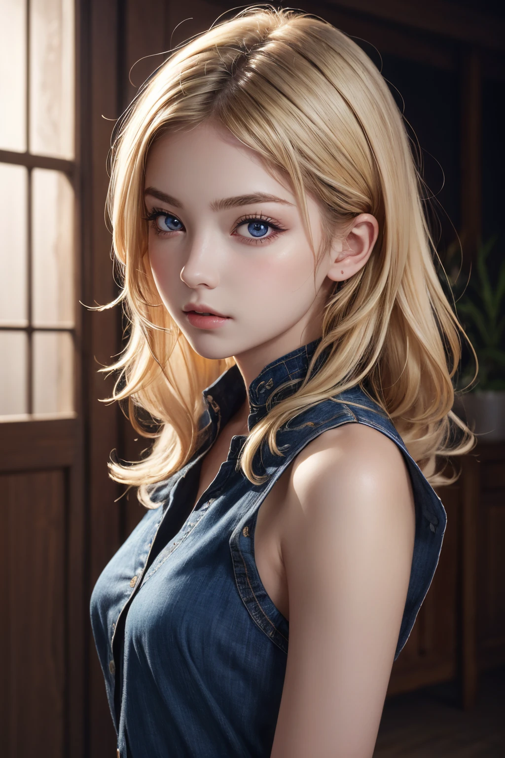 portrait, Practical, blue eyes, blond, Large Breasts, 4K resolution, High quality CG, Beautiful CG, Soft Light, fashion brand image, Fashionable and casual,