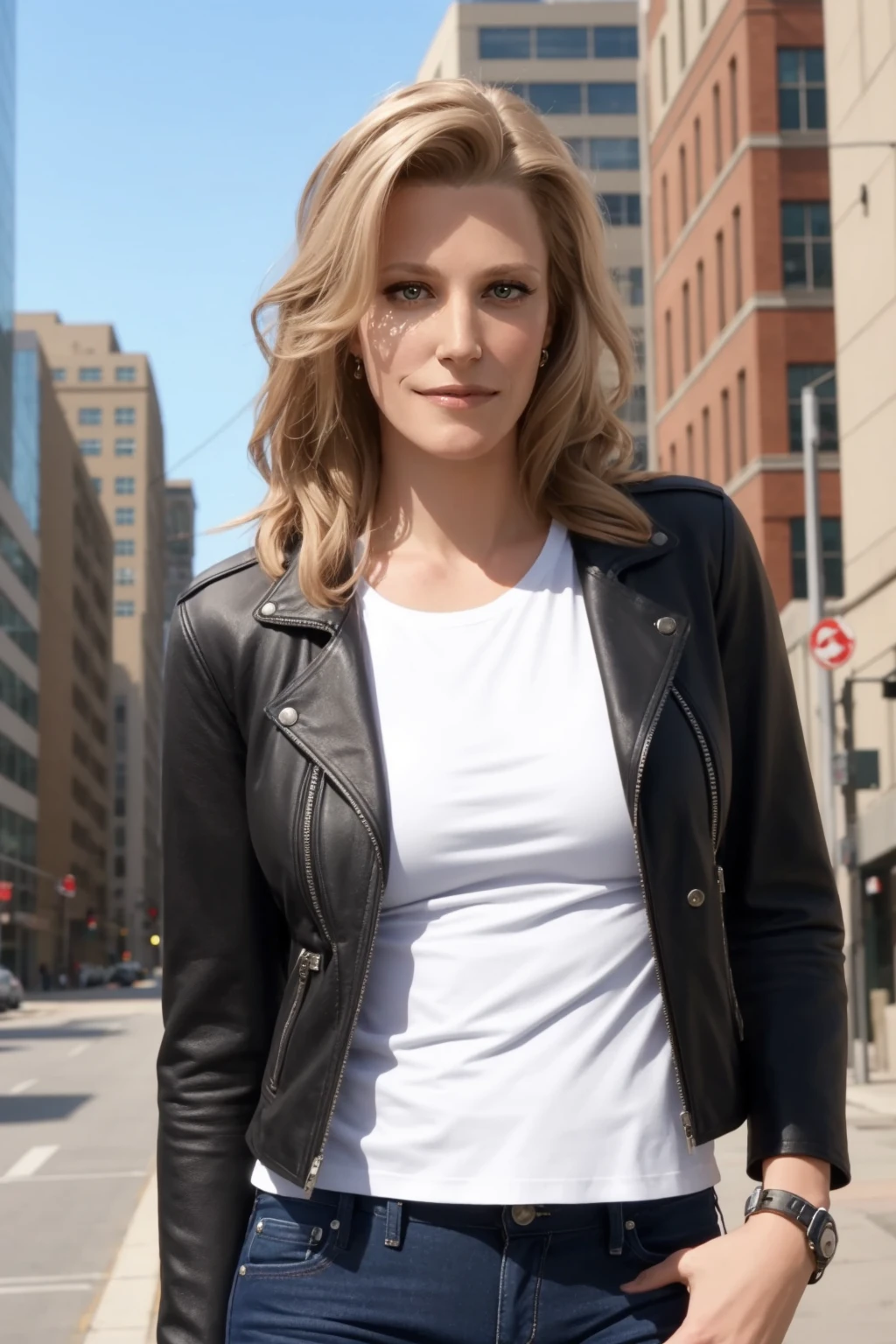 <lora:mondongo_LoRA_AnnaGunn_v2:0.9> mndngwmn, (ultra realistic, 8k,high quality), wearing a leather jacket,white t-shirt, jeans, on a city downtown, daytime