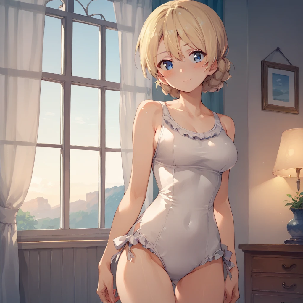 <lora:Darjeeling - Girls Und Panzer-000002:1>, DarjeelingGuP, 1girl, blonde hair, solo, blue eyes, breasts, braid, looking at viewer, standing, short hair, blush, smile, indoors, bedroom, evening, "white one-piece swimsuit, frilled one-piece swimsuit", arms at sides, score_9, score_8_up, score_7_up,