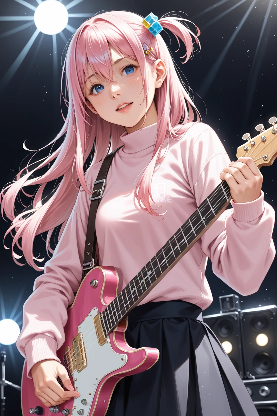 score_9, score_8_up, score_7_up,
1girl, solo, blue eyes, cube hair ornament, hair between eyes, hair ornament, pink hair, one side up, long hair, pink Jersey, long sleeves, black skirt,black electric guitar, holding, instrument,girl playing an electric guitar,stage lights,masterpiece, dynamic angle,solo focus,live.