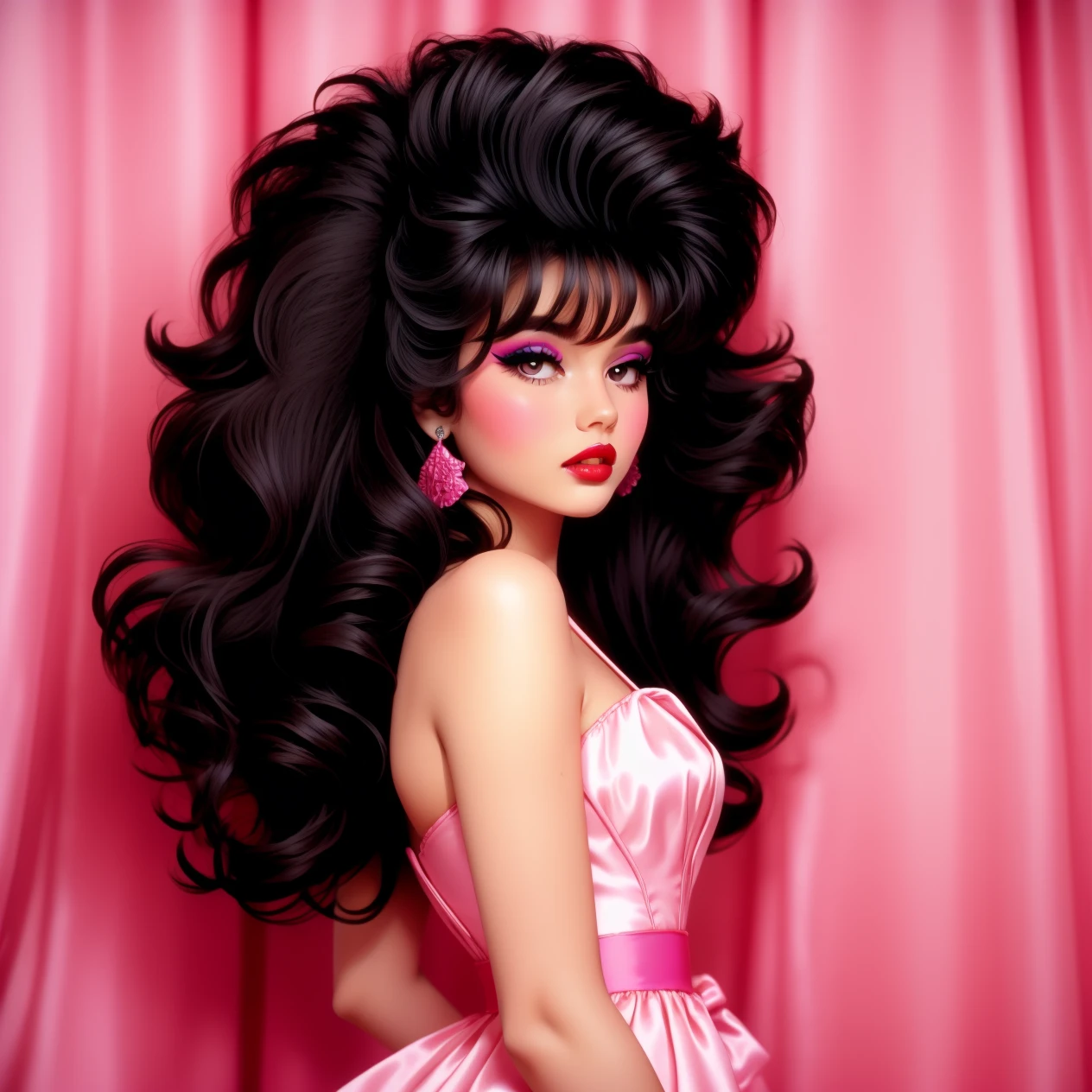 hud_am, 1girl, big hair, makeup, lipstick, <lora:anamoll:0.8>, realistic, upper body, wearing dress, high heels, 1980s \(style\),