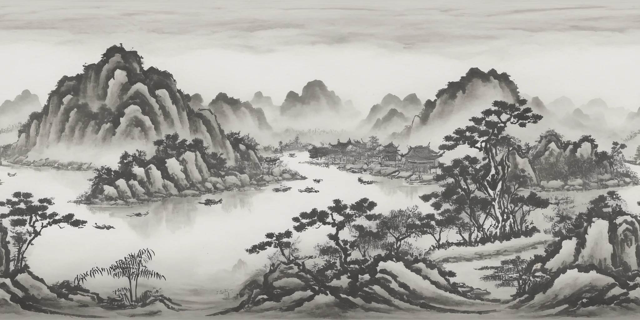 360panorama,<lora:山水-000001:1.2>,(sphere panorama:1.5),<lora:HMSG360å
¨æ¯XL-V1.0:0.8>,Chinese landscape,ink wash painting,monochrome,spherical panorama,white margins top and bottom,tranquil traditional scenery,serene mountains and rivers,classical pavilions,misty atmosphere,ink on rice paper effect,digital ink,subtle ink gradations,ultra-high resolution,pure natural beauty,ancient charm,360-degree panoramic view,harmonious natural elements,without modern elements,