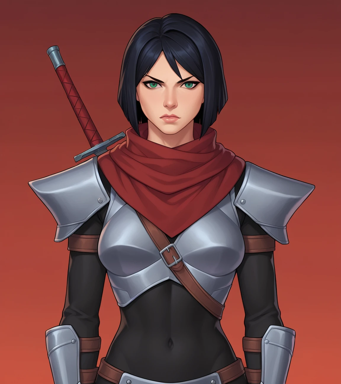 score_9, score_8_up, score_7_up, score_6_up, karai, 1girl, short hair, black hair, green eyes, solo, gloves, scarf, red scarf, armor, red background, gauntlets, red gloves, strap between breasts, medium breasts, simple background, <lora:Karai_Pony:.9>