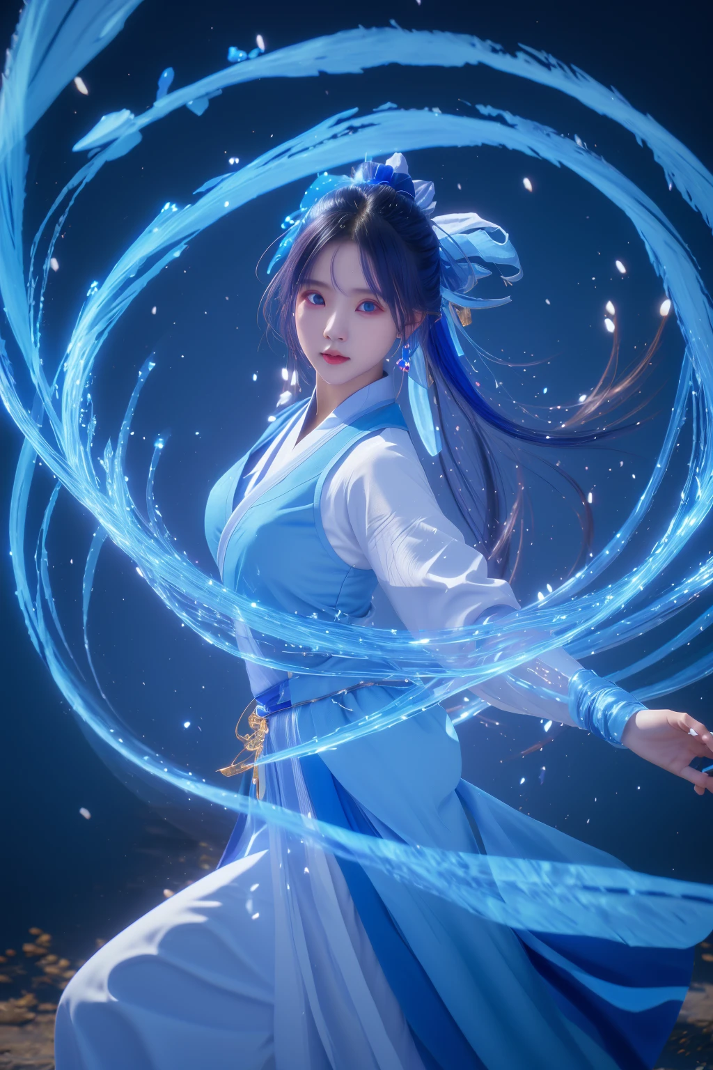 blue-aura,using blue-magic,blue-magic,ancient-costume,dancing,fighting stance,1girl,solo,<lora:magic_fighting_blue_with_reg_4_512_15:0.8>,