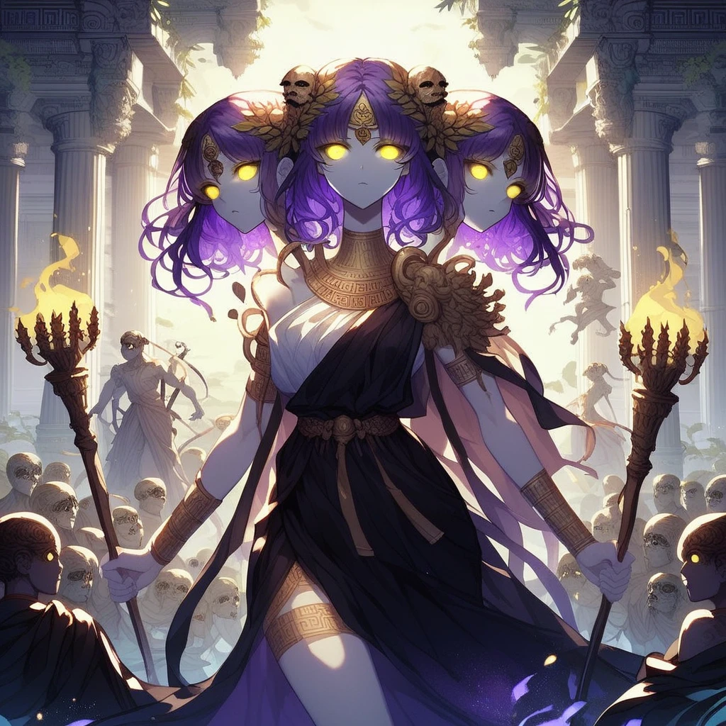 score_9, score_8_up, score_7_up, Hecate, greek goddess with three heads attached to one body, purple hair, yellow eyes, wearing dark formal robes, torches, serpents wrapped around her body, army of undead souls following behind her, ancient Greek ruins, ethereal, glowing, anime